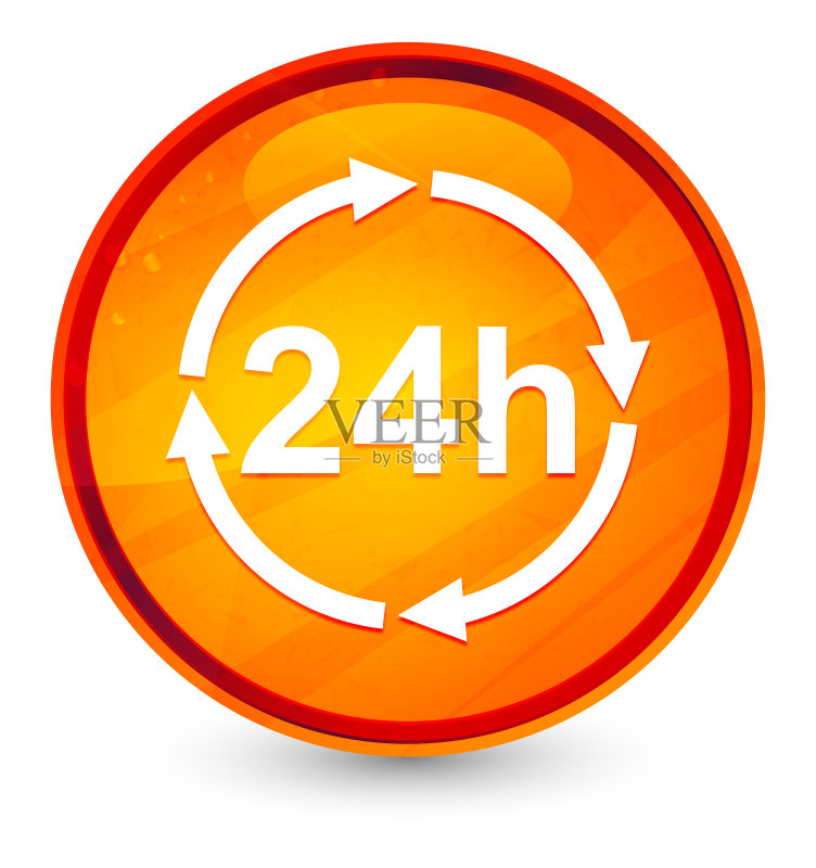 橙色圆形玻璃按钮上的24小时更新图标图标素材