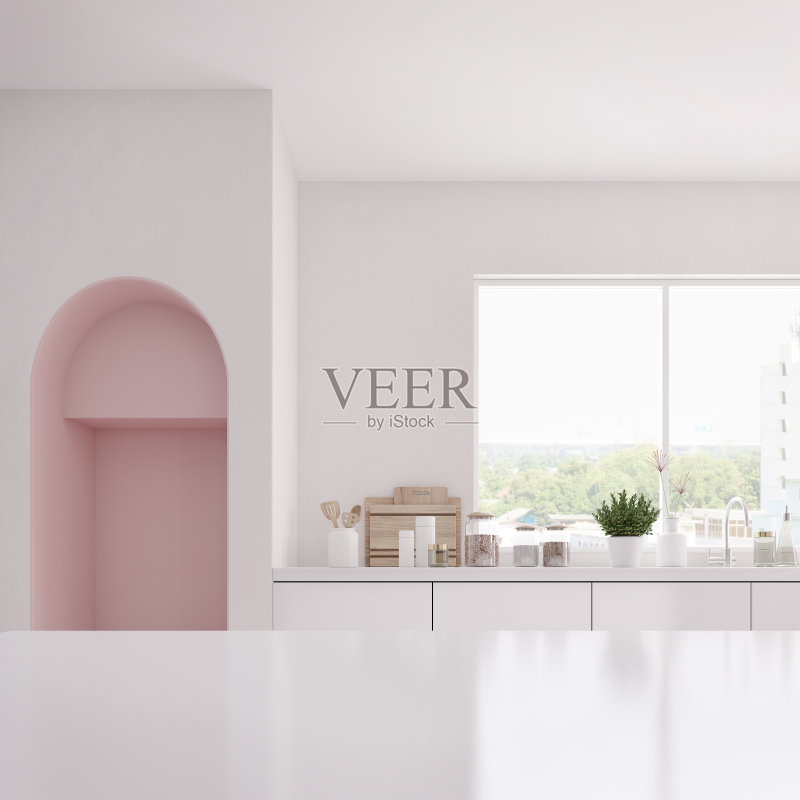 现代白色和粉红色厨房内部与吧台。带水槽的台面，一套厨房设备。三维渲染正版图片素材