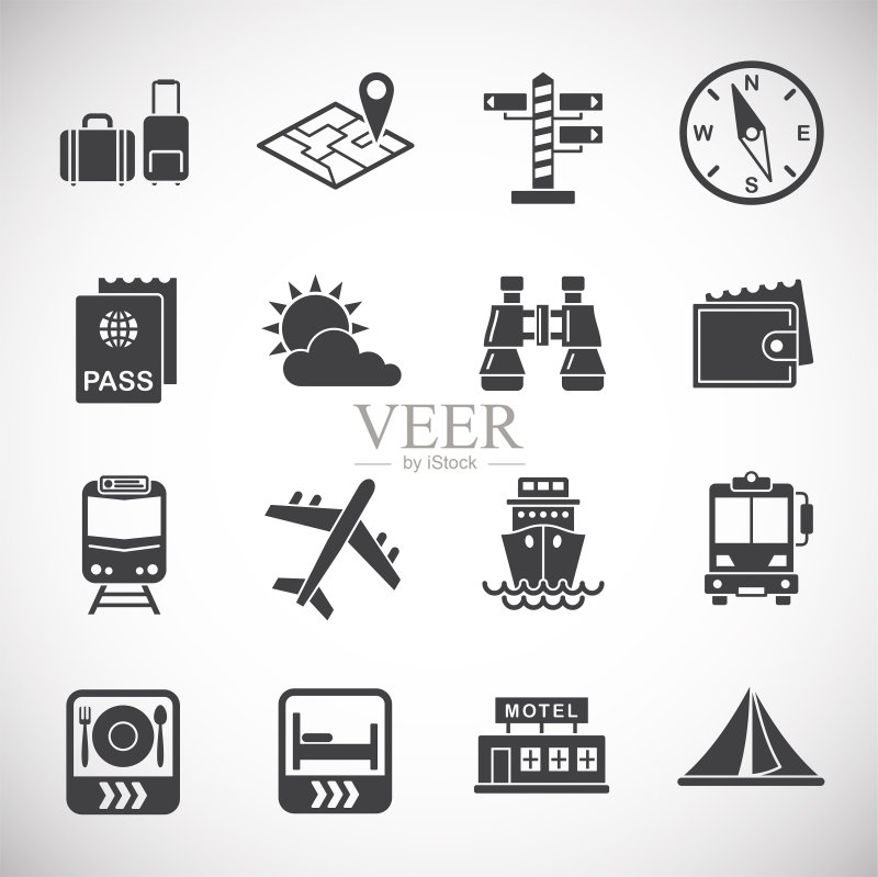 用于图形和网页设计的旅行相关图标集。用于Web或移动应用程序的创意插画概念符号图标素材