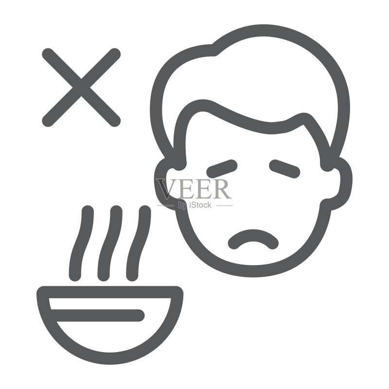 食欲不振线性图标，饮食与新冠肺炎，冠状病毒症状标志，矢量图形，白色背景上的线性图标，eps 10。图标素材