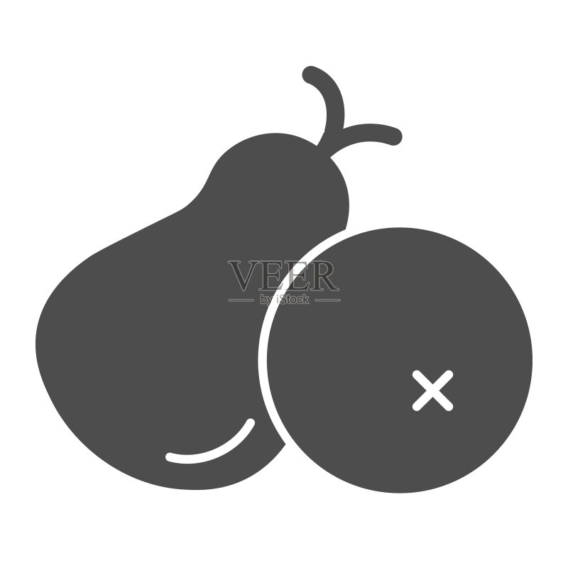 梨实心图标：在白色隔离的健康梨果图形设计，适用于Web和App图标素材