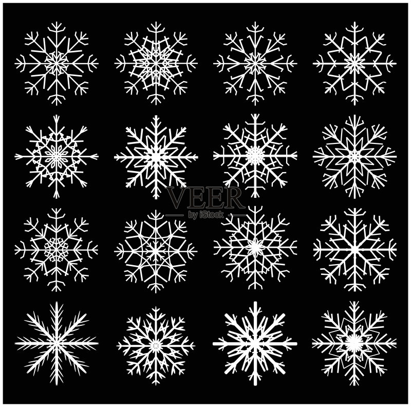 雪花轮廓图标、符号、设计集，冬季圣诞矢量图，黑色背景图标素材