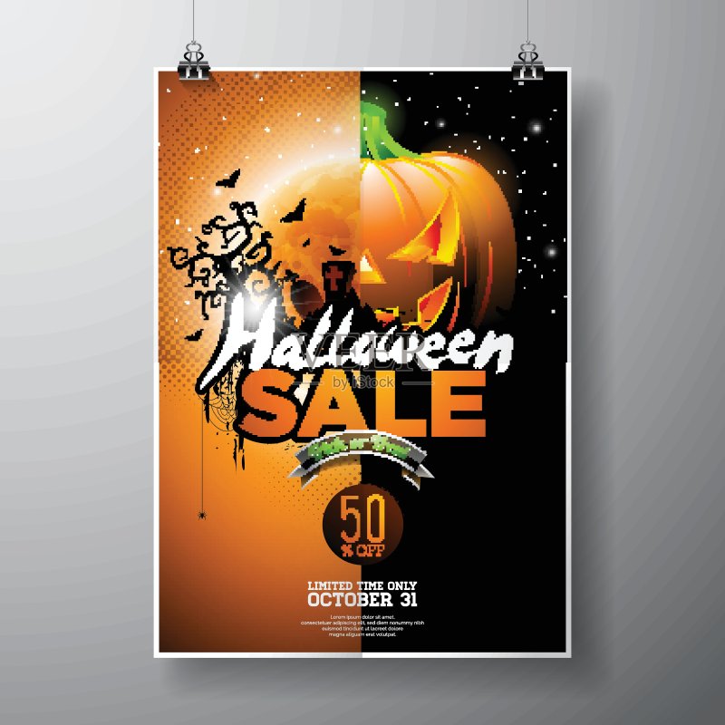万圣节销售矢量插图南瓜，月亮，墓地和蝙蝠在橙色的天空背景。设计提供，优惠券，横幅，代金券或促销海报正版模板素材