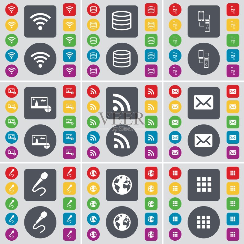 Wi-Fi、数据库、连接、图片、RSS、消息、麦克风、地球、应用程序图标符号。一组用于您设计的彩色扁平按钮。矢量图标素材