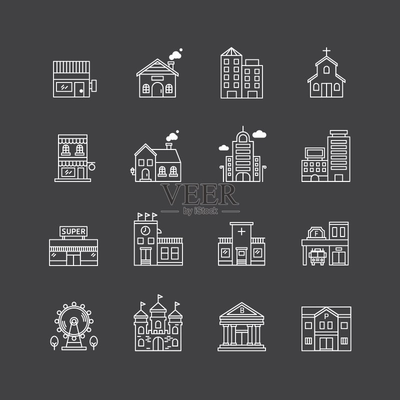 线性风格Web图标集-建筑合集图标素材