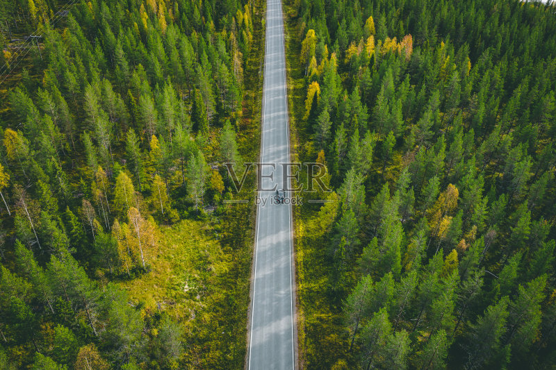 鸟瞰图上的汽车在绿色森林的道路在芬兰正版图片素材