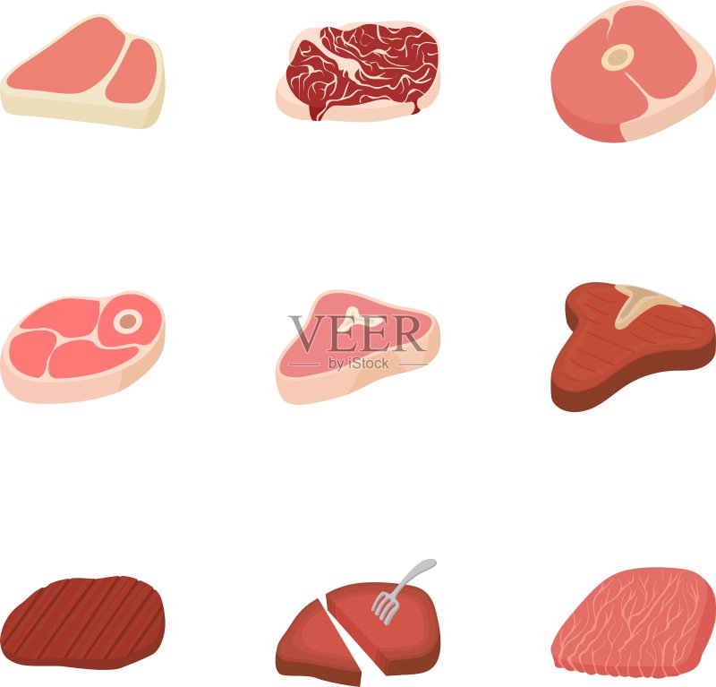 卡通风格的小牛肉图标集图标素材