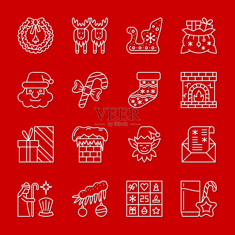 圣诞新年白色细线图标集图标素材