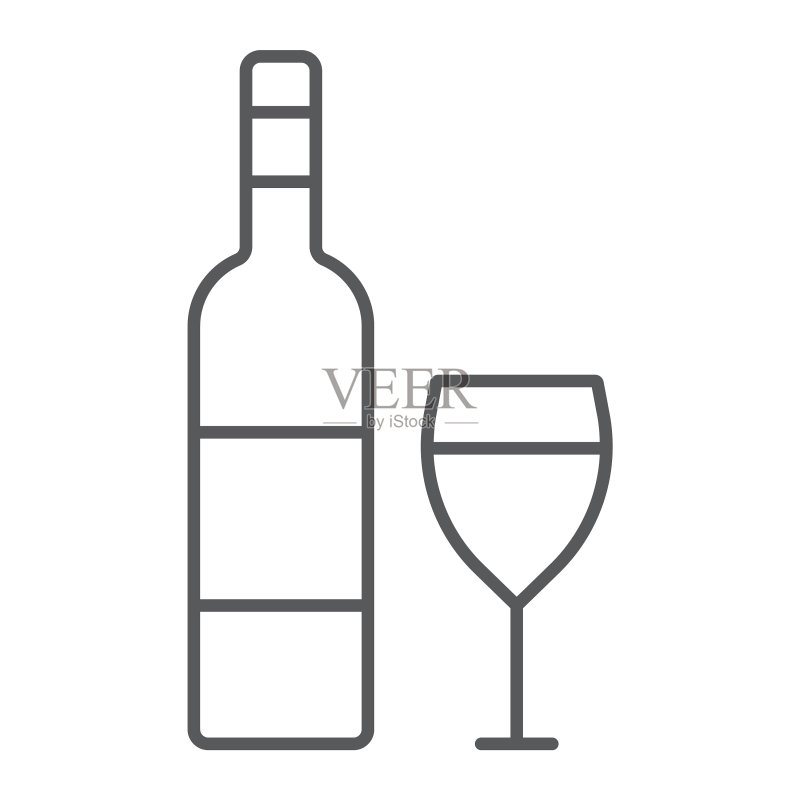 葡萄酒细线图标：酒精和饮品玻璃杯标志图标素材