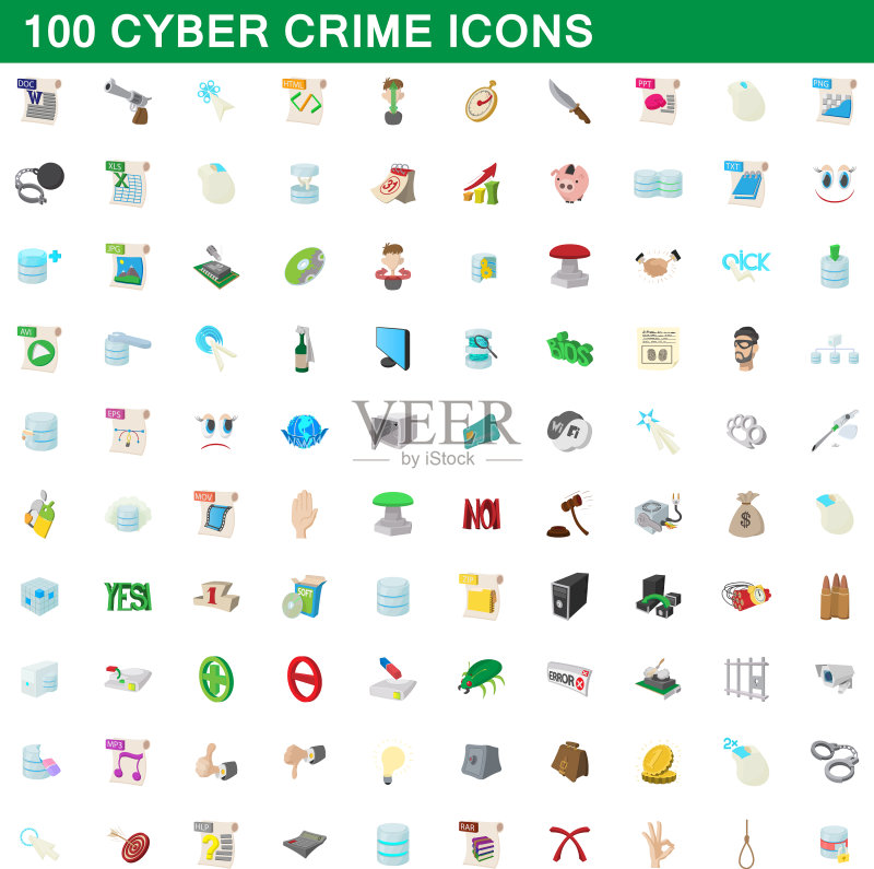 100个网络犯罪图标卡通风格合集图标素材