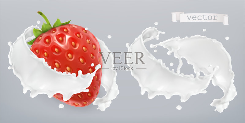 草莓酸奶牛奶飞溅3D效果图标素材