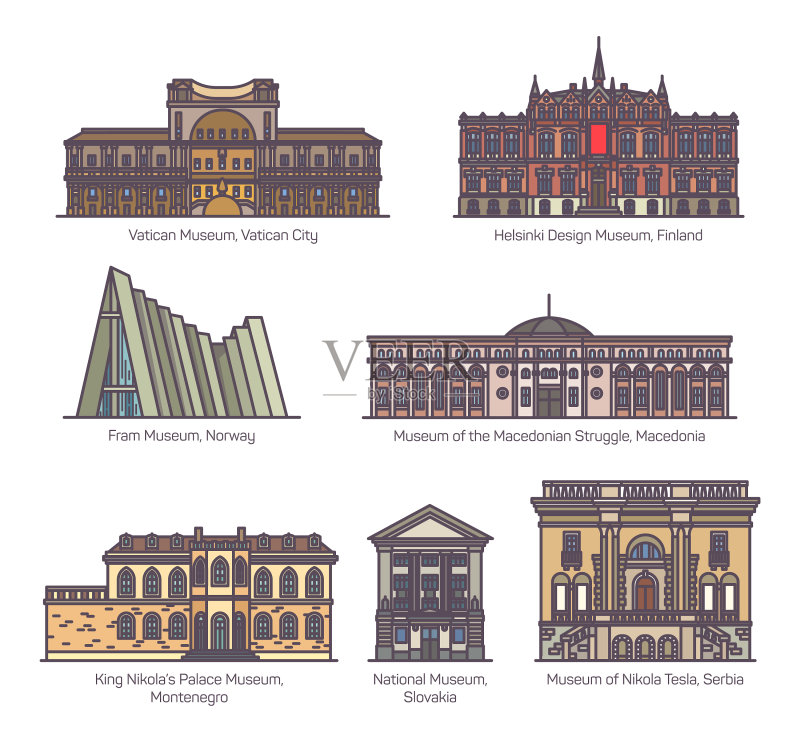 彩色欧洲博物馆隔离元素合集图标素材