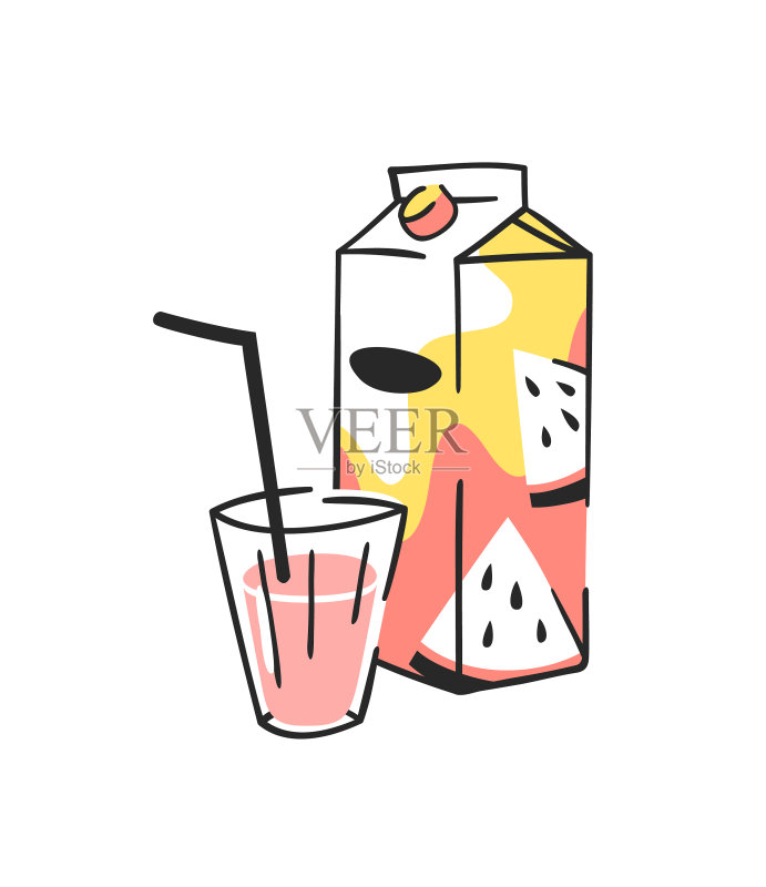 手绘夏季果汁包和玻璃杯图标素材