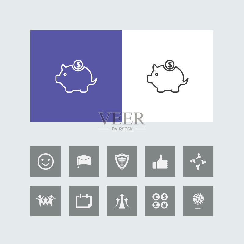 创意小猪储蓄罐线条图标，含奖励图标图标素材