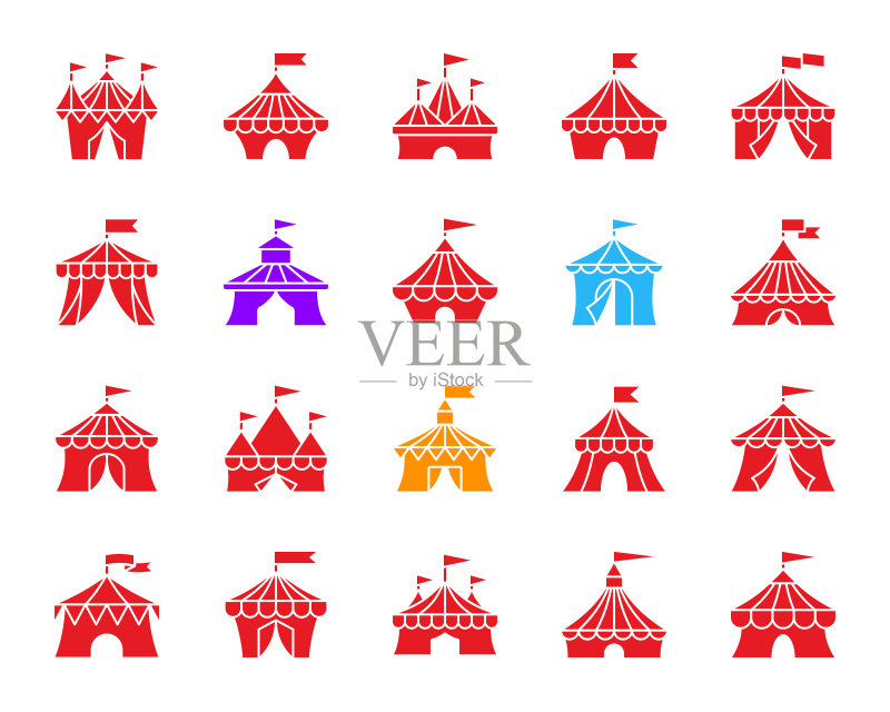 马戏团帐篷彩色剪影图标合集图标素材