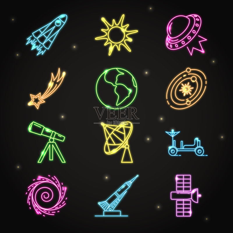细线风格的霓虹太空图标合集图标素材