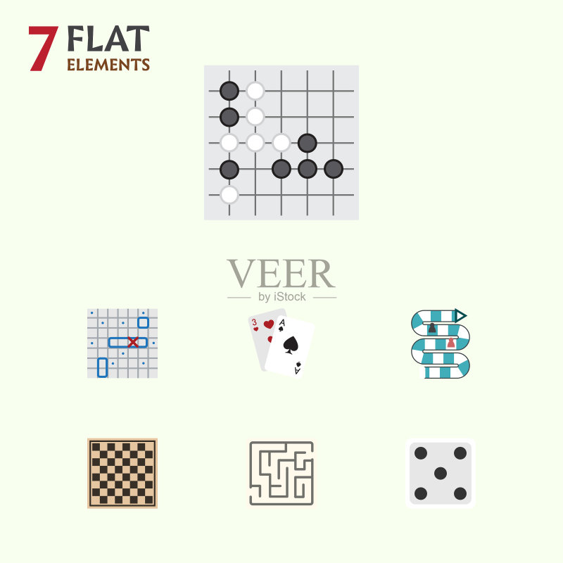 扁平风格图标：王牌、西洋双陆棋、象棋等棋牌游戏图标素材