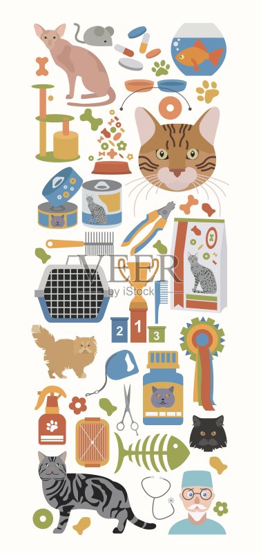 猫咪角色与兽医护理图标扁平风格图标素材
