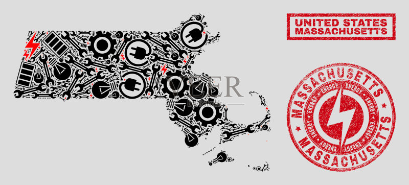 马萨诸塞州地图电气拼贴图标素材