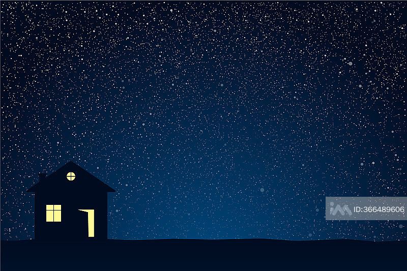 星光灿烂的蓝色夜空，闪耀的星星，孤独的房子插画图片素材