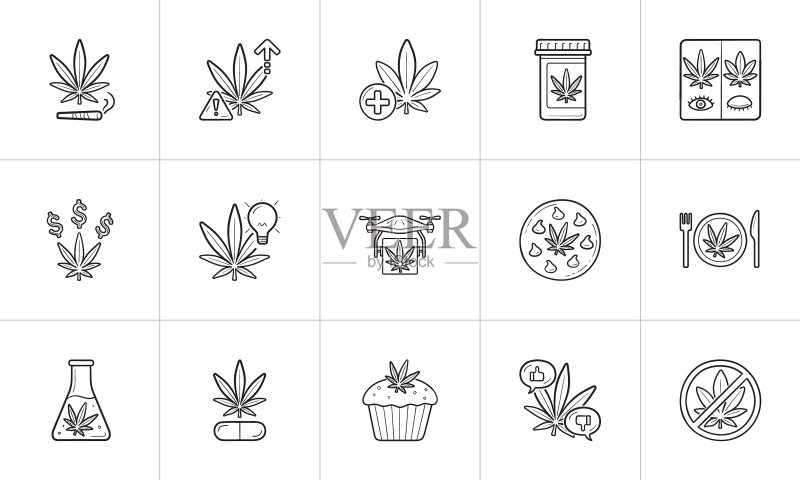 手绘大麻轮廓涂鸦图标集图标素材