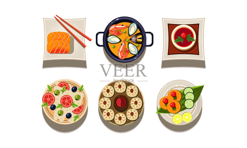 美味菜肴扁平餐盘顶视图套装图标素材