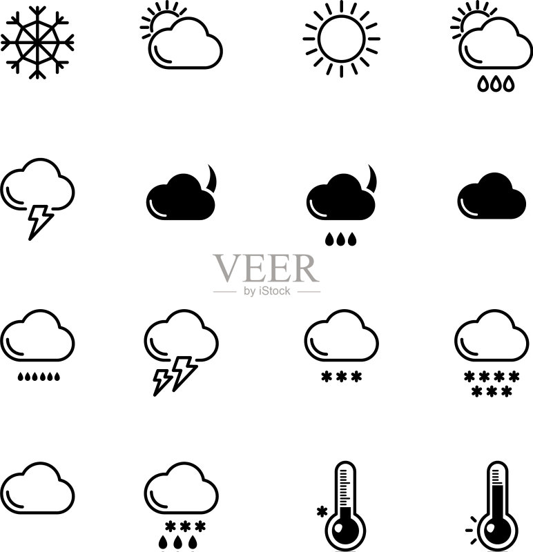 单色线条图标集：天气符号，风，雨图标素材