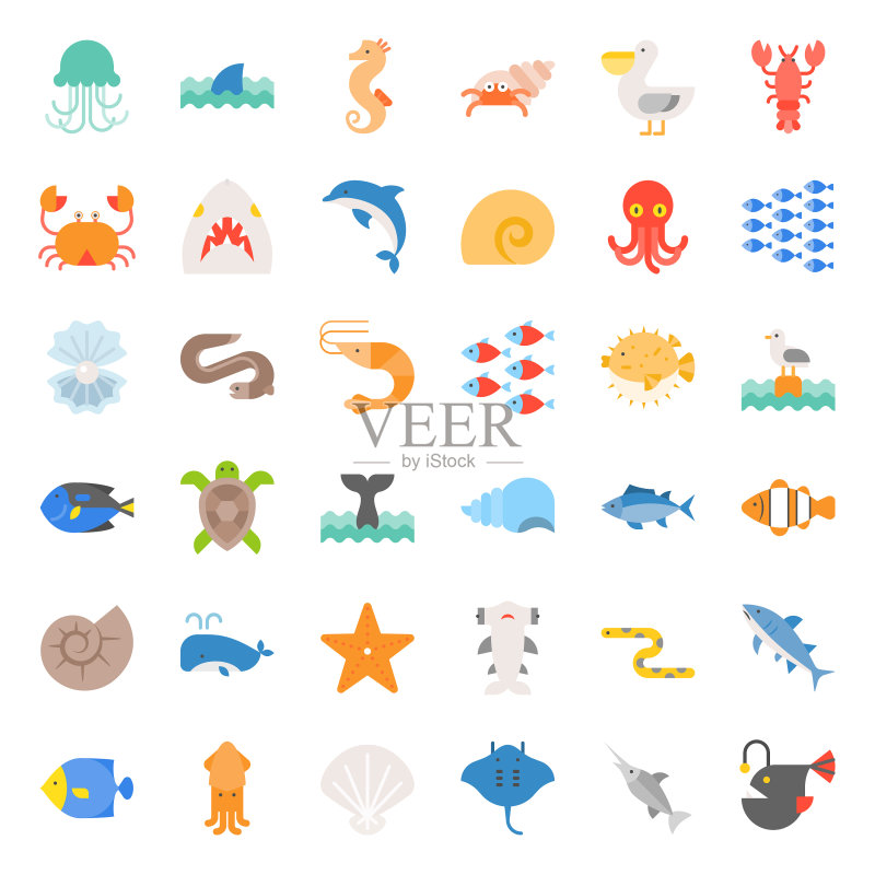 海洋生物扁平图标合集图标素材