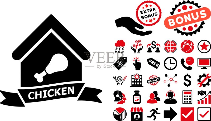 鸡肉咖啡馆扁平图标，含赠品图标素材