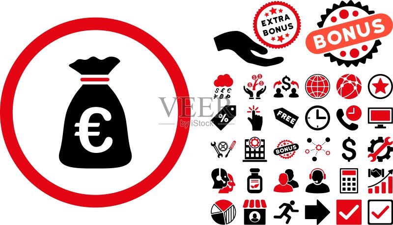 带奖金的欧元钱袋扁平图标图标素材