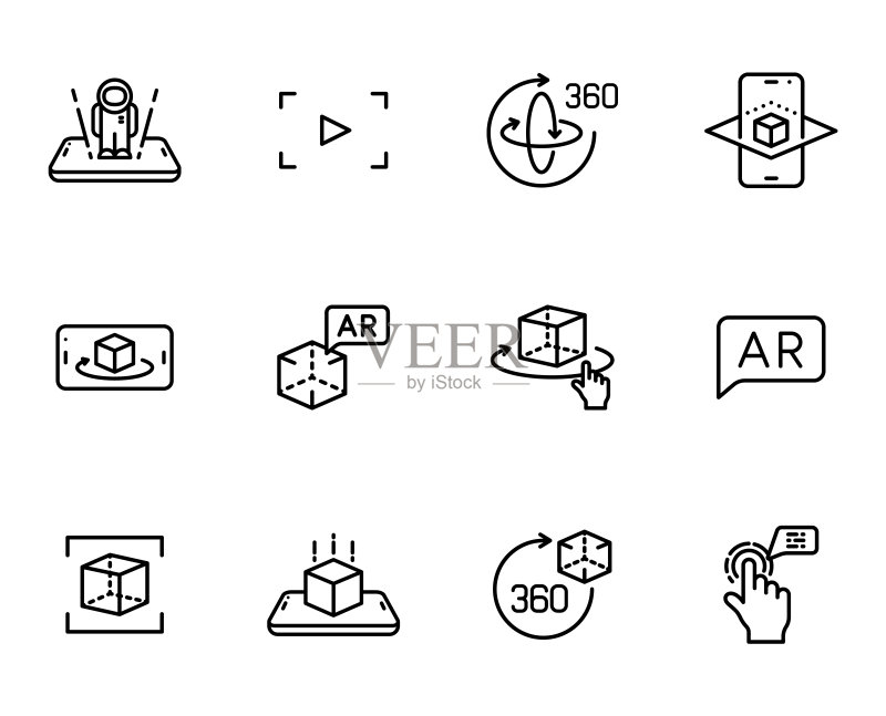 增强现实线性矢量图标，AR和VR线性图标集，适用于网页设计、移动应用、UI设计，创新技术概念图标素材