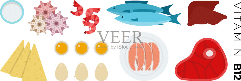 富含维生素B12的食物扁平图标合集，包含鱼类图标素材