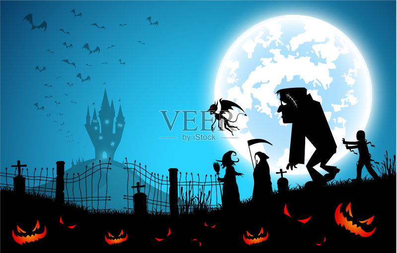 蓝色背景节日万圣节概念满正版插画素材