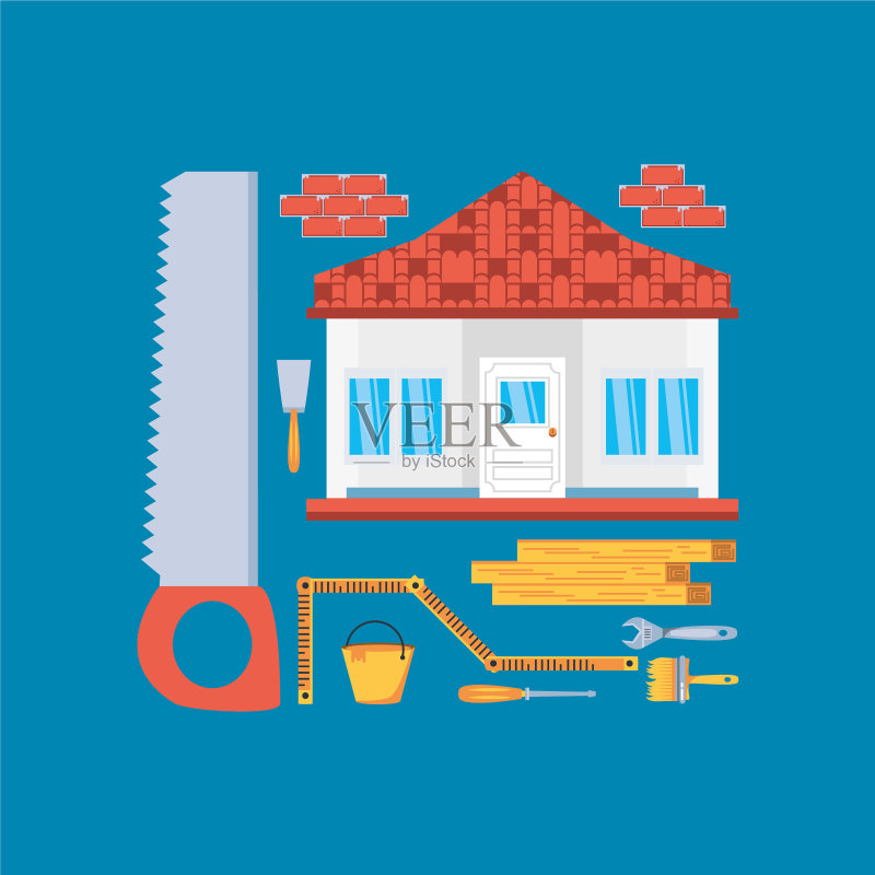 施工中的房屋外墙及工具图标素材