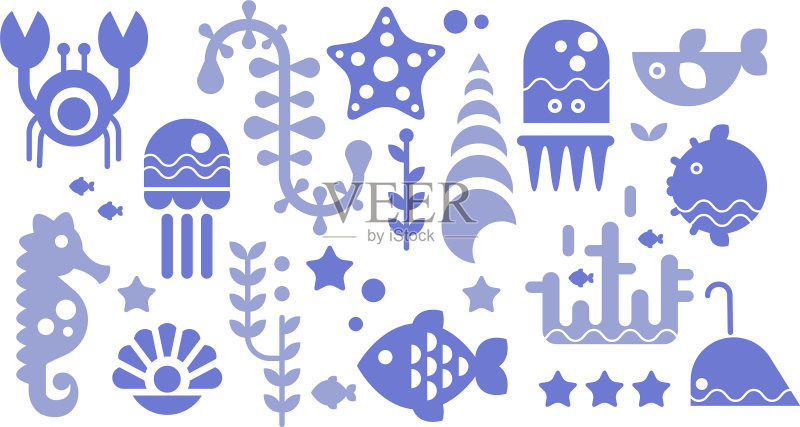海洋生物蓝色图标，海洋生物图案图标素材