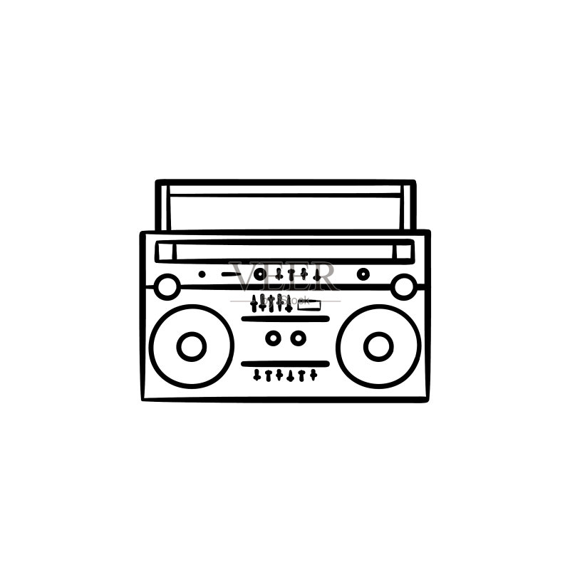 带收音机的手绘磁带录音机轮廓涂鸦图标素材