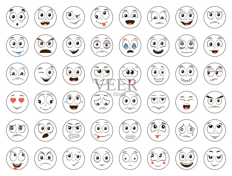 有趣的表情符号，emoji合集：愤怒、大笑、微笑、哭泣、恐惧等，白色背景上的独立图案图标素材