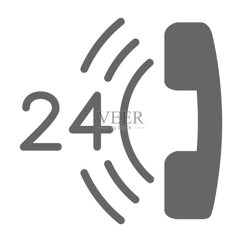 24小时支持实体图标，物流符号，全天候客户协助白色背景矢量标志，呼叫中心电话图标字形样式，适用于手机和网络。矢量图形。图标素材