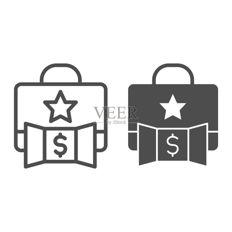 带有美元线条和实体图标的促销组合。精英公文包通过星形符号获利，白色背景上的轮廓样式象形图。用于移动和网页设计的省钱商业标志。图标素材