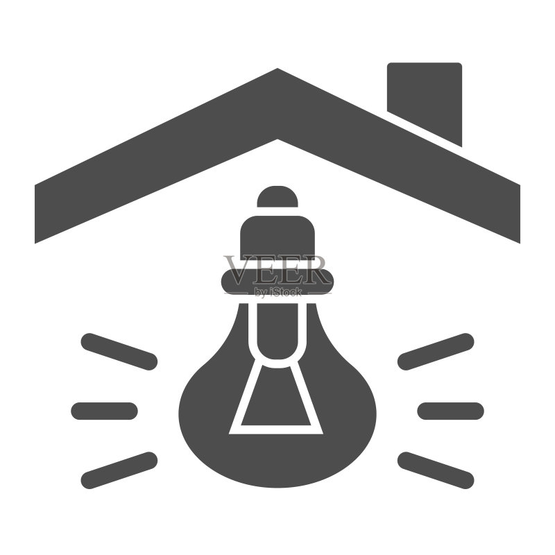 房屋屋顶灯泡实体图标。智能房屋创新理念符号，白色背景上的字形样式象形图。用于移动概念和网页设计的电力供应标志。矢量图形。图标素材