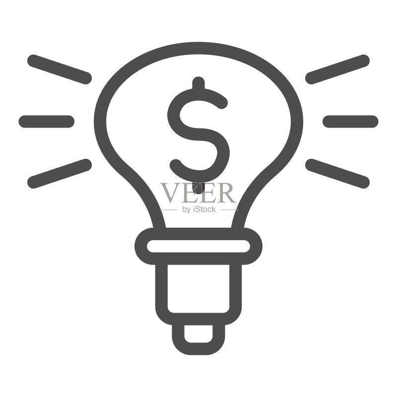 含美元的灯泡线性图标：创意灯具，移动概念和网页设计的投资创新标志图标素材