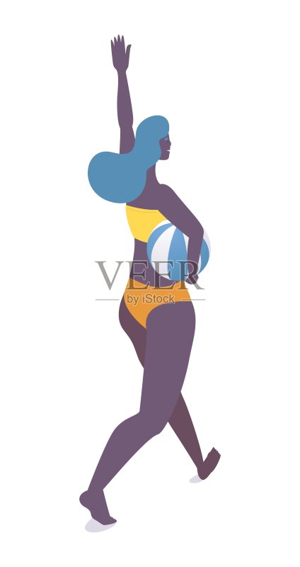 等距女人走着球和问候朋友。Vector快乐的字符在泳衣准备游泳池活动，沙滩排球和放松正版元素素材