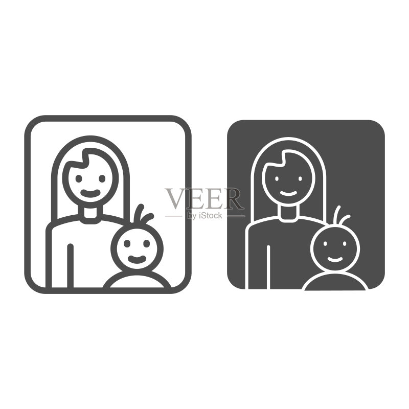 母亲与孩子的线条图标，母爱概念，白色背景上的母婴标志，适用于移动概念和网页设计的轮廓样式框架图标。矢量图形。图标素材