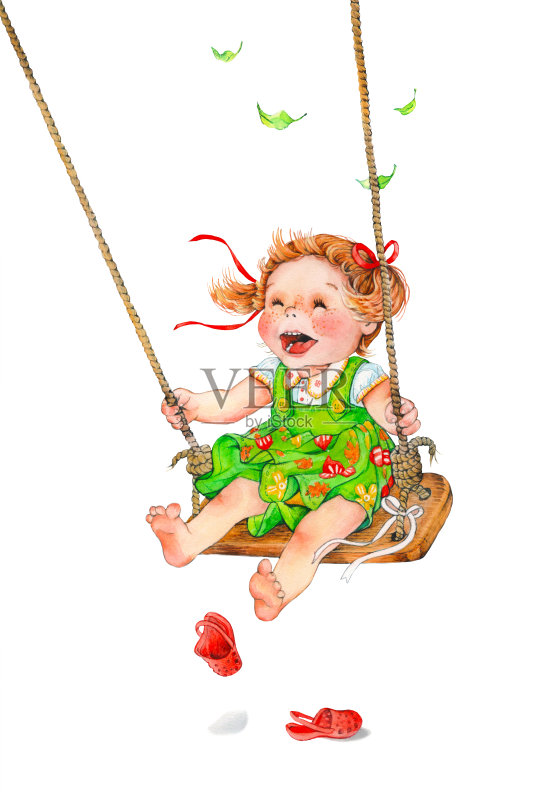 红头发的小女孩在荡秋千。快乐的夏天。孩子们的水彩插图。正版插画素材