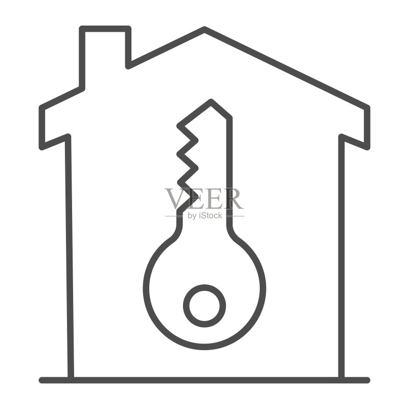 钥匙和建筑物细线图标：智能家居概念图标素材