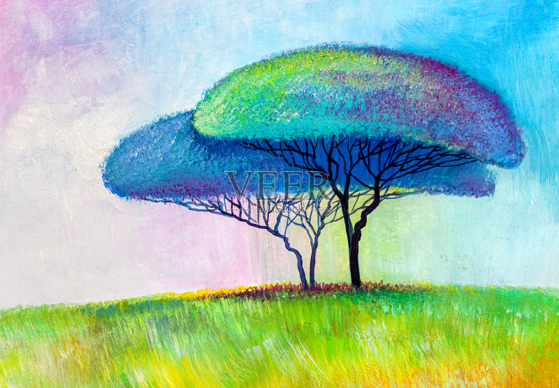 树木，油画，艺术背景正版插画素材
