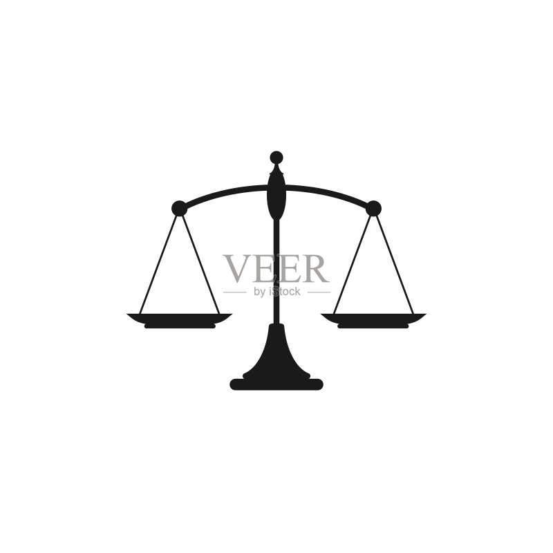 白色背景上的黑色机械秤图标，代表公正与法律图标素材