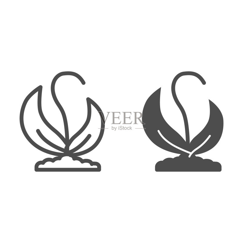 带叶小苗线条和实心图标，自然概念，白色背景土壤中园艺植物符号，移动和网络轮廓样式中带两片叶子的幼苗图标。矢量图形。图标素材