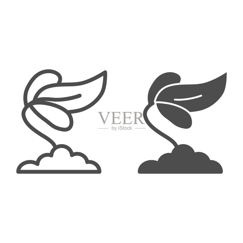 鸢尾花线条和实体图标，花卉概念，白色背景上的春季花朵盛开标志，移动概念和网页设计的轮廓风格的鸢尾花与叶子图标。矢量图形。图标素材