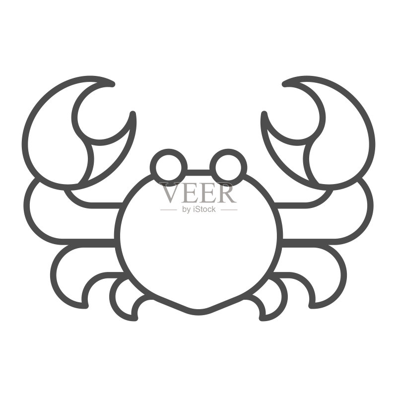 螃蟹细线图标，海洋生物概念，白色背景上的海鲜标志，螃蟹轮廓图标，适用于移动概念和网页设计。矢量图形。图标素材